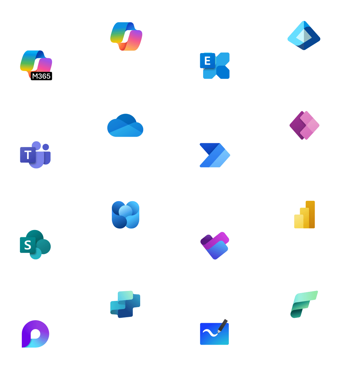 Los iconos de los servicios de Microsoft 365 a los que se conecta Rencore Governance: Microsoft 365, Teams, SharePoint, OneDrive, Exchange, Entra ID, Viva Engage, Loop, Planner, Power Automate, Power Apps, Power BI y Copilot
